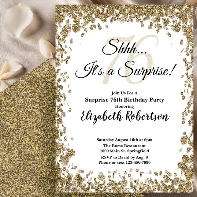 Elegant Gold Surprise 76th Birthday Invitation Inbjudningar (Skapare uppladdad)