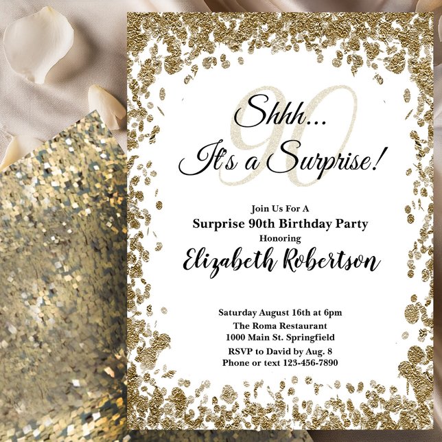 Elegant Gold Surprise 90th Birthday Invitation Inbjudningar (Skapare uppladdad)