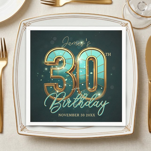 Elegant Gold Teal 3D Typography 30th Birthday Pappersservett (Skapare uppladdad)