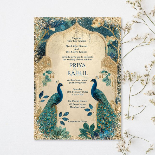 Elegant Gold Vintage Peacocks Indian Wedding Inbjudningar (Vintage  indian wedding invitation with peacocks)