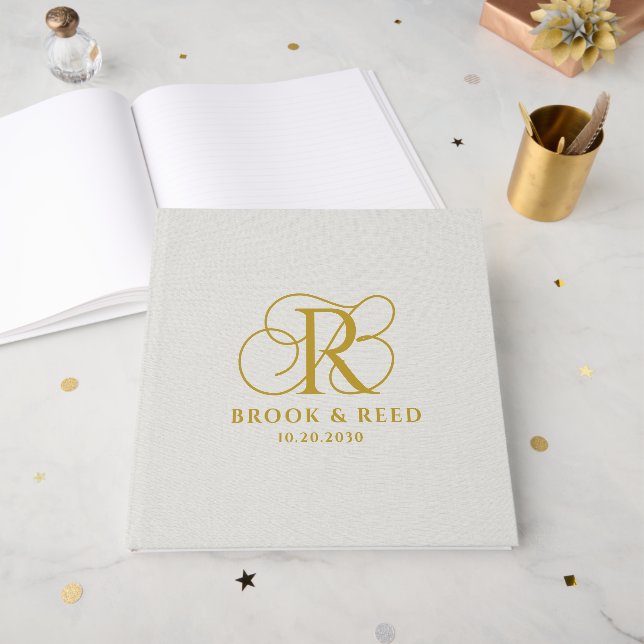 Elegant Gold Wedding Monogram Gästböcker (Framsidan öppen)