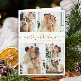Elegant Gold White 5 Photo Collage Christmas  Helgkort