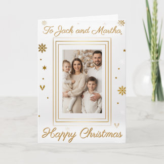Elegant Gold & White Family Photo Christmas Card Kort