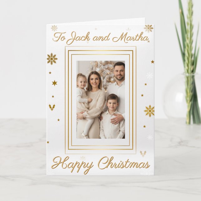 Elegant Gold & White Family Photo Christmas Card Kort (Framsida)