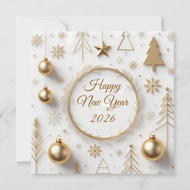 Elegant Gold & White Modern Happy New Year 2026 Julkort (Framsida)