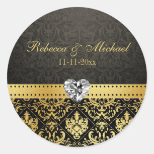 Elegant Goldand Black Damask med Diamond Heart Runt Klistermärke