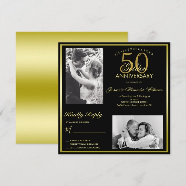 Elegant Golden 50:e Bröllop-årsfoto Inbjudningar (Fram/baksida)