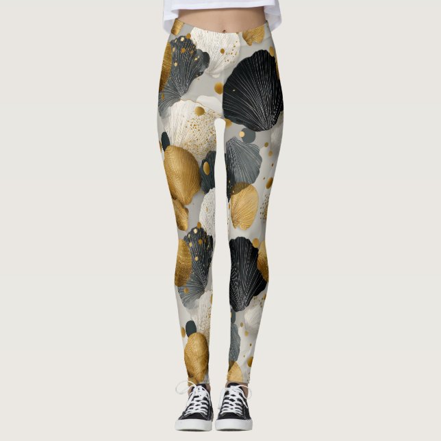 Elegant Golden and Charcoal Scallop Shell Pattern  Leggings (Framsida)