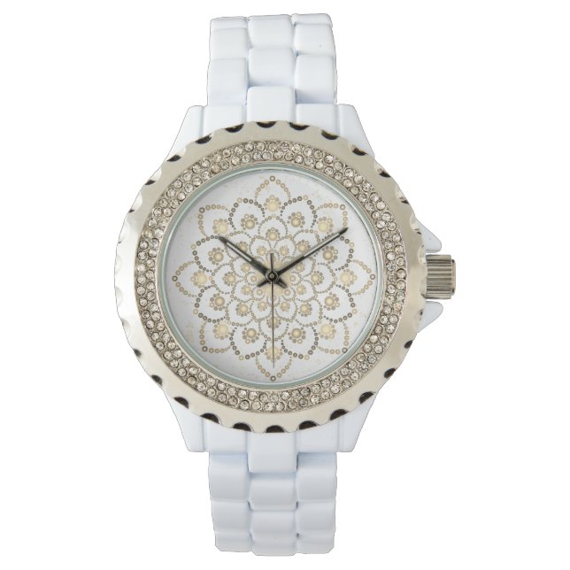 Elegant Golden and White Dot Mandala Flower Armbandsur (Framsida)