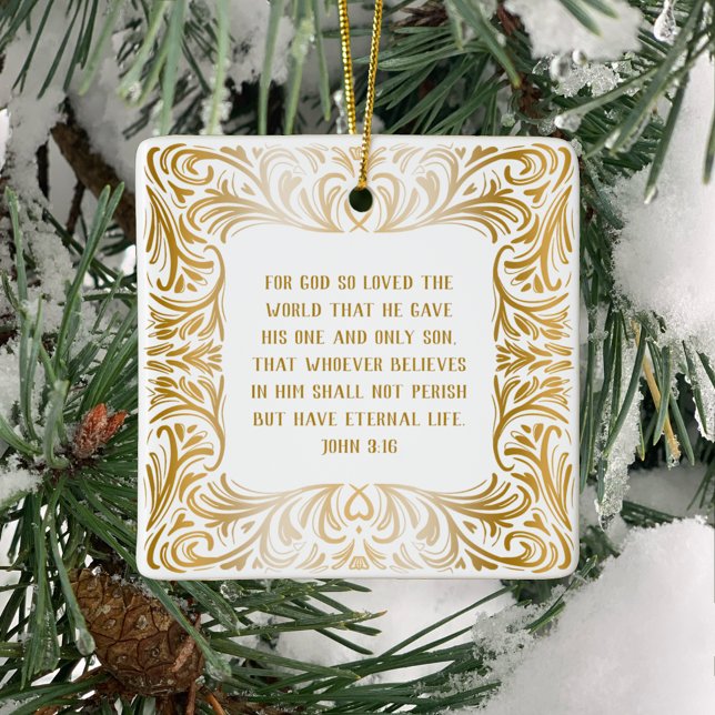 Elegant Golden Anpassningsbar John 3:16 Bibel jul Julgransprydnad Keramik (Create a beautiful Christmas ornament gift with personal message on back of John 3:16 Bible Verse.)