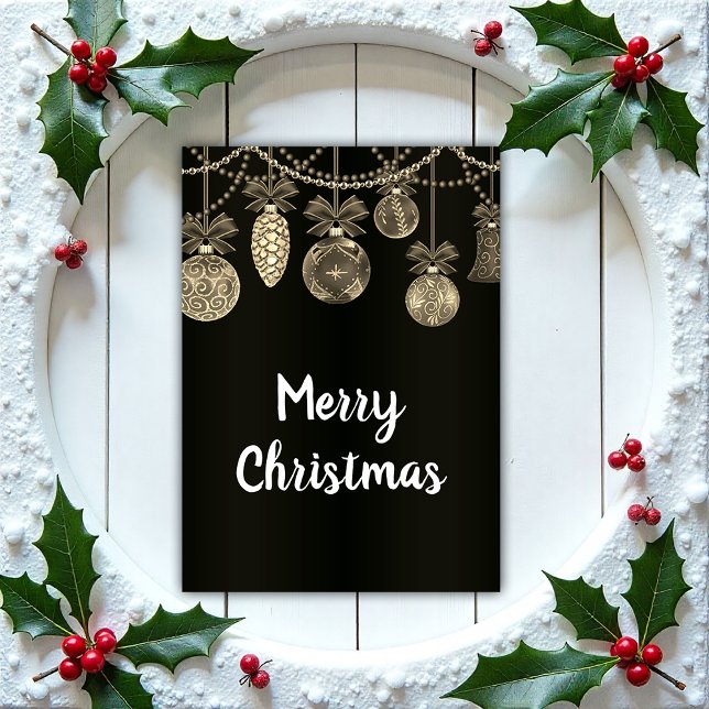 Elegant Golden Baubles on Black Christmas Card Kort (Skapare uppladdad)