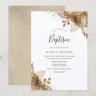Elegant Golden Blommigt Baptism Christening Inbjud Inbjudningar