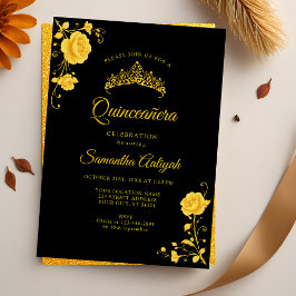 Elegant Golden Blommigt Black och Guld Quinceanera Inbjudningar