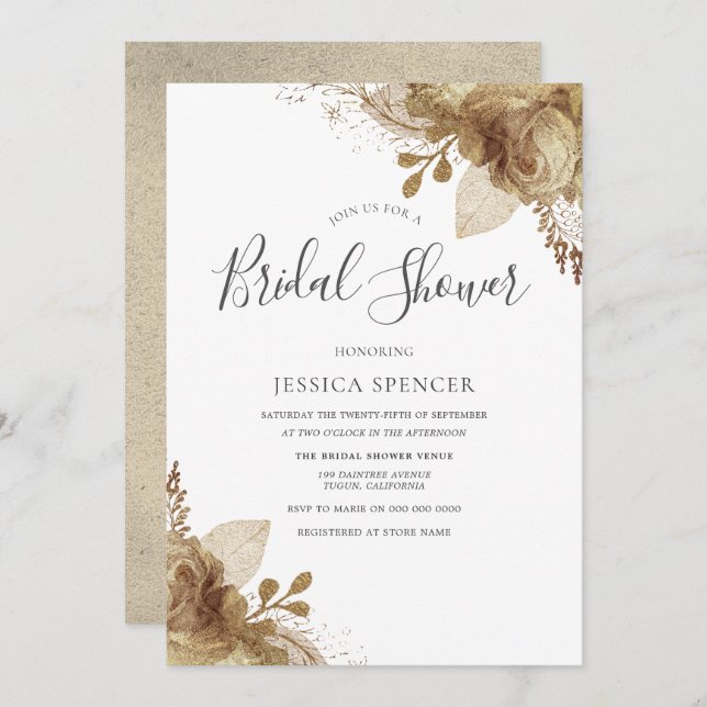 Elegant Golden Blommigt Inbjudningskort för möhipp (Fram/baksida)