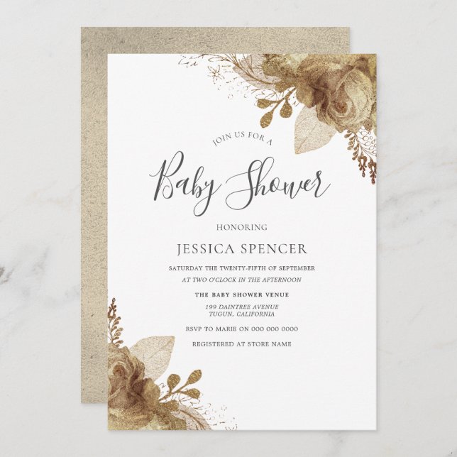 Elegant Golden Blommigt Neutralt Baby Shower Inbju Inbjudningar (Fram/baksida)