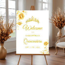 Elegant Golden Blommigt Quinceañera Välkomstskylt Poster