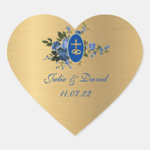 Elegant Golden Blue Bröllop Blommigt Hjärtformat Klistermärke