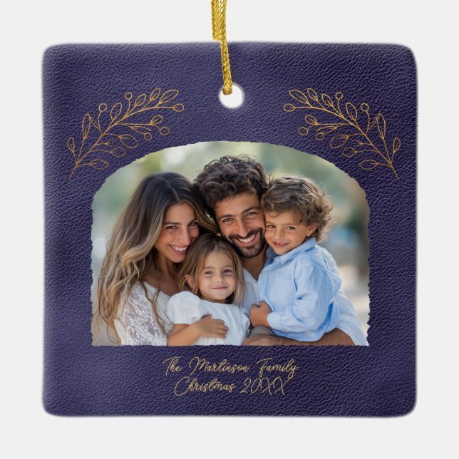 Elegant Golden Branches Arch Photo Blue Julgransprydnad Keramik (Framsida)