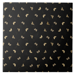 Elegant Golden Butterflies Black Mönster Kakelplatta