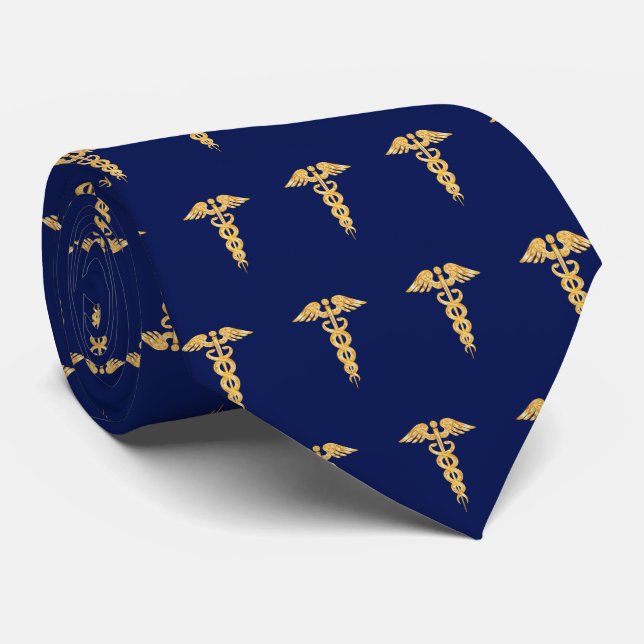 Elegant Golden Caduceus Mönster på marinblått Nack Slips (Rullad)