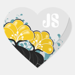 Elegant Golden Camellias Monogram Initialer Hjärtformat Klistermärke