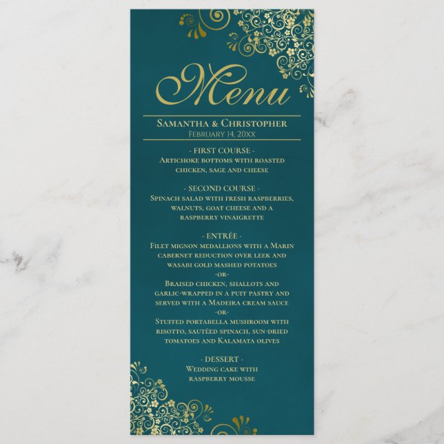 Elegant Golden Curls & Swirls on Teal Wedding Meny (Framsida)