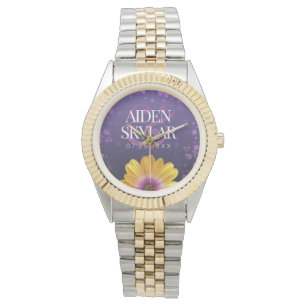 Elegant Golden Daisy med Lila Glitter Bröllop Armbandsur