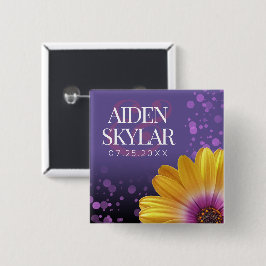 Elegant Golden Daisy med Lila Glitter Bröllop Knapp