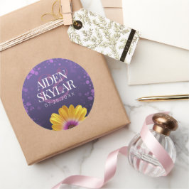 Elegant Golden Daisy med Lila Glitter Bröllop Runt Klistermärke