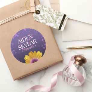 Elegant Golden Daisy med Lila Glitter Bröllop Runt Klistermärke
