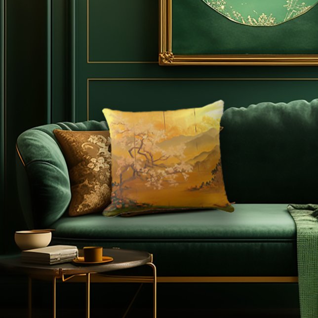 Elegant "Golden Dawn" Ancient Asia Inspired Kudde (Stylish Edo-Japan Era Cherry Blossom Decorative Asian Throw Pillow)