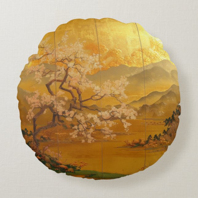 Elegant "Golden Dawn" Ancient Asia Inspired Rund Kudde (Framsidan)