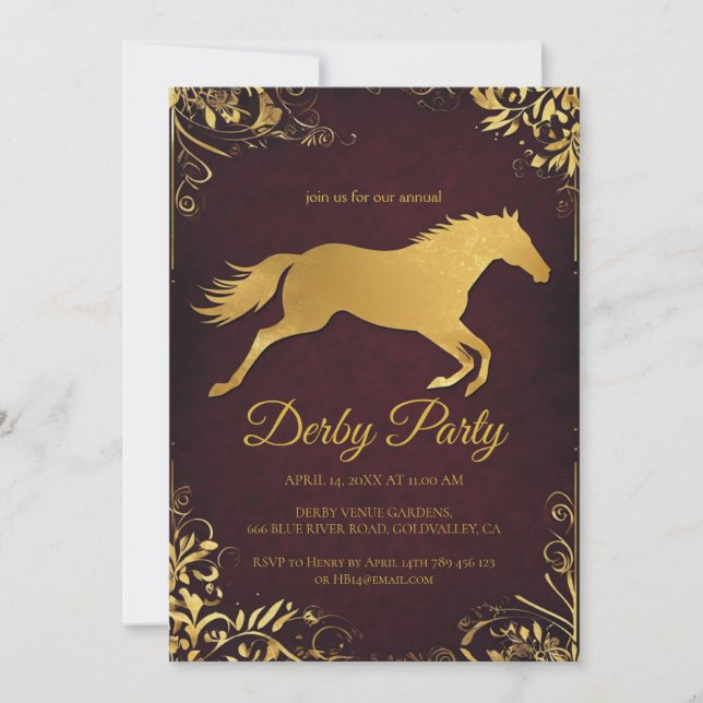Elegant Golden Derby Party Invitation with Horse D Inbjudningar (Framsida)