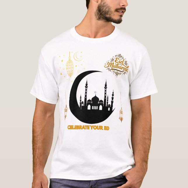 Elegant Golden Eid Mubarak Mosque Moon Celebration T Shirt (Framsida)