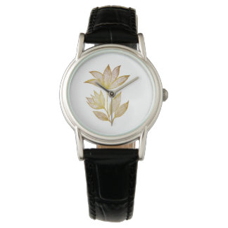 Elegant Golden Floral Leather Armbandsur
