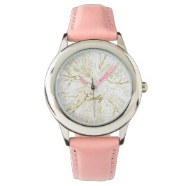 Elegant Golden Floral Line Art Kids Pink Leather Armbandsur