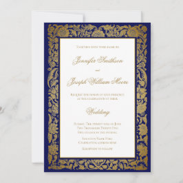 Elegant Golden Flowers och Blue Bröllop Inbjudningar