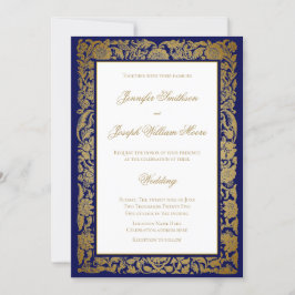 Elegant Golden Flowers och Blue Bröllop Inbjudningar