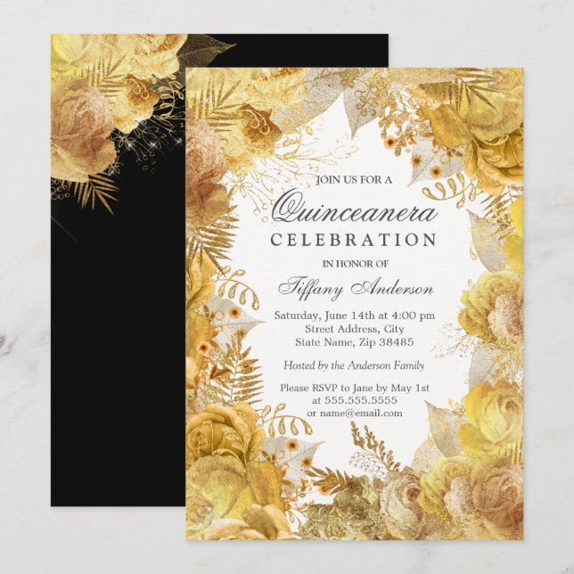 Elegant Golden Flowers Quinceanera Firande Inbjudningar (Fram/baksida)