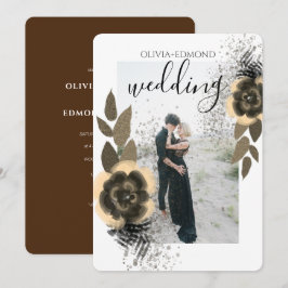 Elegant Golden Flowers Ram Photo Bröllop Inbjudningar