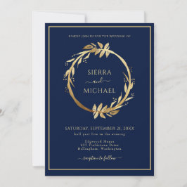 Elegant Golden Foliage Navy Blue Bröllop Inbjudningar