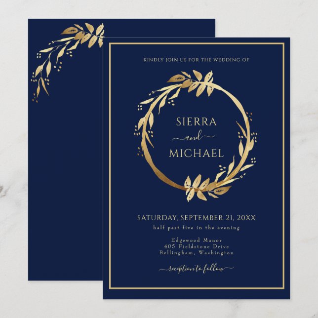 Elegant Golden Foliage Navy Blue Bröllop Inbjudningar (Fram/baksida)