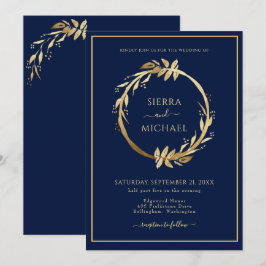 Elegant Golden Foliage Navy Blue Bröllop Inbjudningar