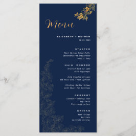 Elegant Golden Foliage Navy Blue Bröllop Menu Meny