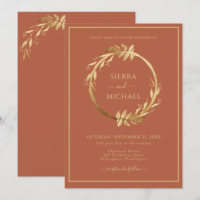 Elegant Golden Foliage Terracotta Rust Bröllop Inbjudningar (Fram/baksida)
