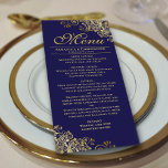 Elegant Golden Frills on Navy Blue Bröllop Meny<br><div class="desc">Den här vackra menyn kommer att lägga lite stil till ditt bröllopsmottagande. Den har en vacker design med ornerade golden faux foil curls och snurrar på en marin blå bakgrund. Det finns utrymme för namn från paret och bröllop, och texten är helt anpassade. Elegant, klass och glam, den här menyn...</div>