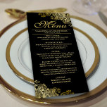 Elegant Golden Frills på Black Bröllop Meny<br><div class="desc">Den här vackra menyn kommer att lägga lite stil till ditt bröllopsmottagande. Den har en vacker design med ornerade golden faux-folier och snurrar på en klassisk svart bakgrund. Det finns utrymme för namn från paret och bröllop, och texten är helt anpassade. Elegant, klass och glam, den här menyn kommer att...</div>