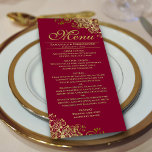 Elegant Golden Frills på Burgundy Bröllop Meny<br><div class="desc">Den här vackra menyn kommer att lägga lite stil till ditt bröllopsmottagande. Den har en vacker design med ornerade golden faux-folier och snurrar på en burgundisk, maronröd eller vin-röd färgad. Det finns utrymme för namn från paret och bröllop, och texten är helt anpassade. Elegant, klass och glam, den här menyn...</div>
