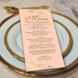Elegant Golden Frills på Coral Peach Bröllop Meny<br><div class="desc">Den här vackra menyn kommer att lägga lite stil till ditt bröllopsmottagande. Den har en vacker design med ornerade golden faux-folier och snurrar på en orange eller färgad med korallpersika eller blek. Det finns utrymme för namn från paret och bröllop, och texten är helt anpassade. Klassi, snyggt och glam, den...</div>