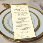 Elegant Golden Frills på Cream Bröllop Meny<br><div class="desc">Den här vackra menyn kommer att lägga lite stil till ditt bröllopsmottagande. Den har en vacker design med ornerade golden faux-folier och snurrar på en bakgrund av elfenben,  kräm eller benvit färgad. Det finns utrymme för namn från paret och bröllop,  och texten är helt anpassade.</div>